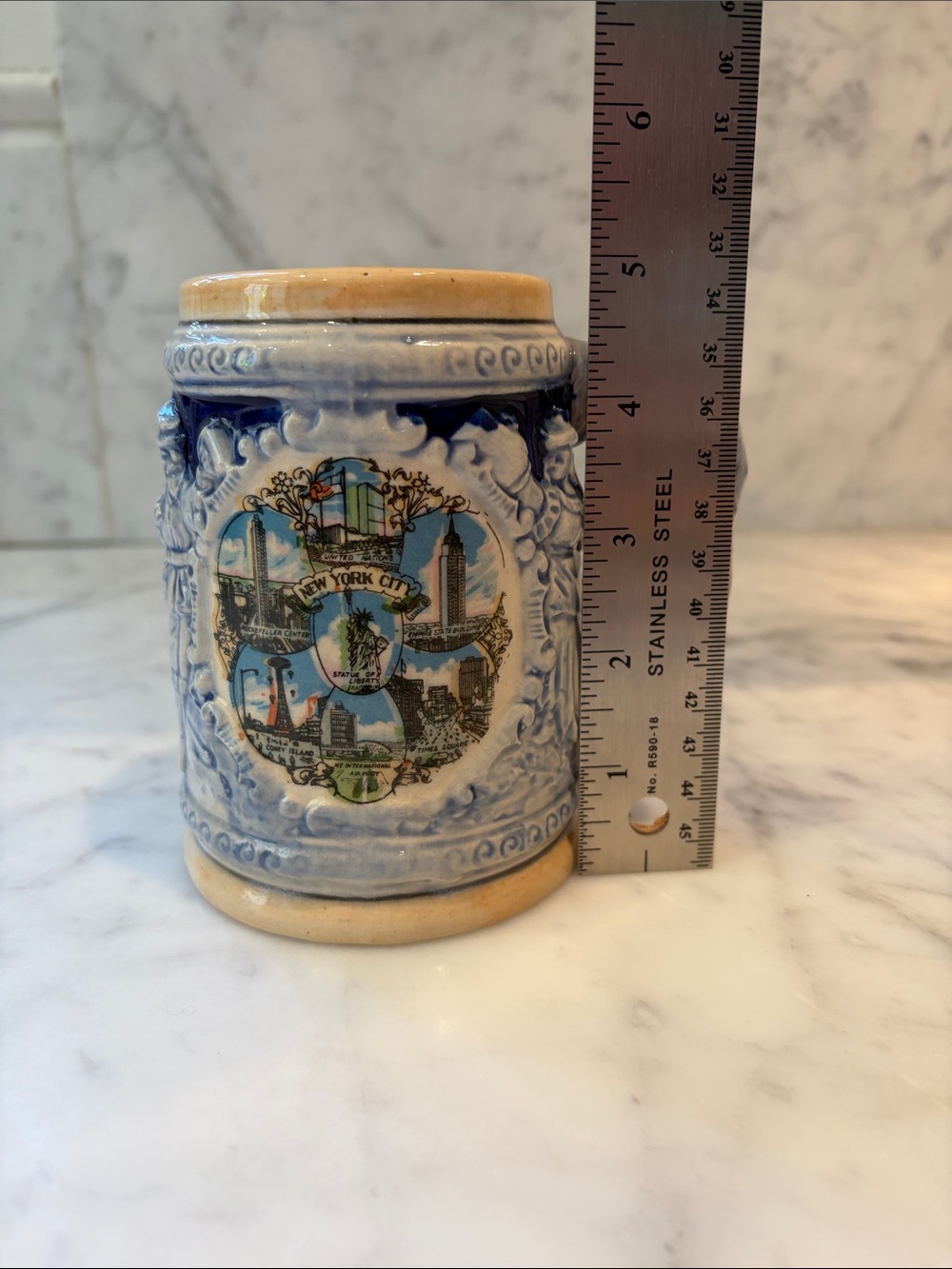 New York City Souvenir Ceramic Stein Mug in Blue and Cream Japan - Picture 7 of 8